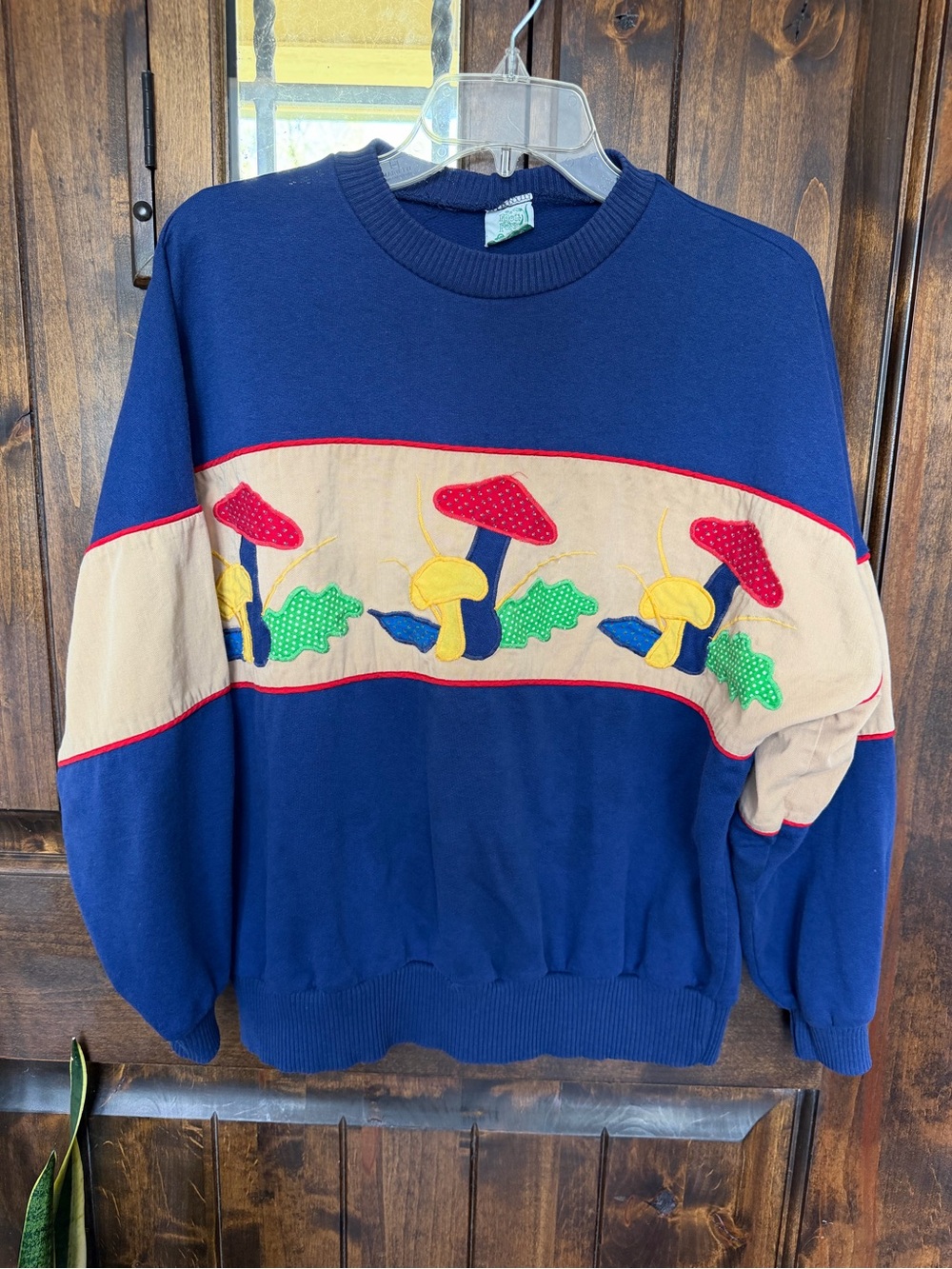 70s Blue Crewneck Sweater with Mushroom Appliqué